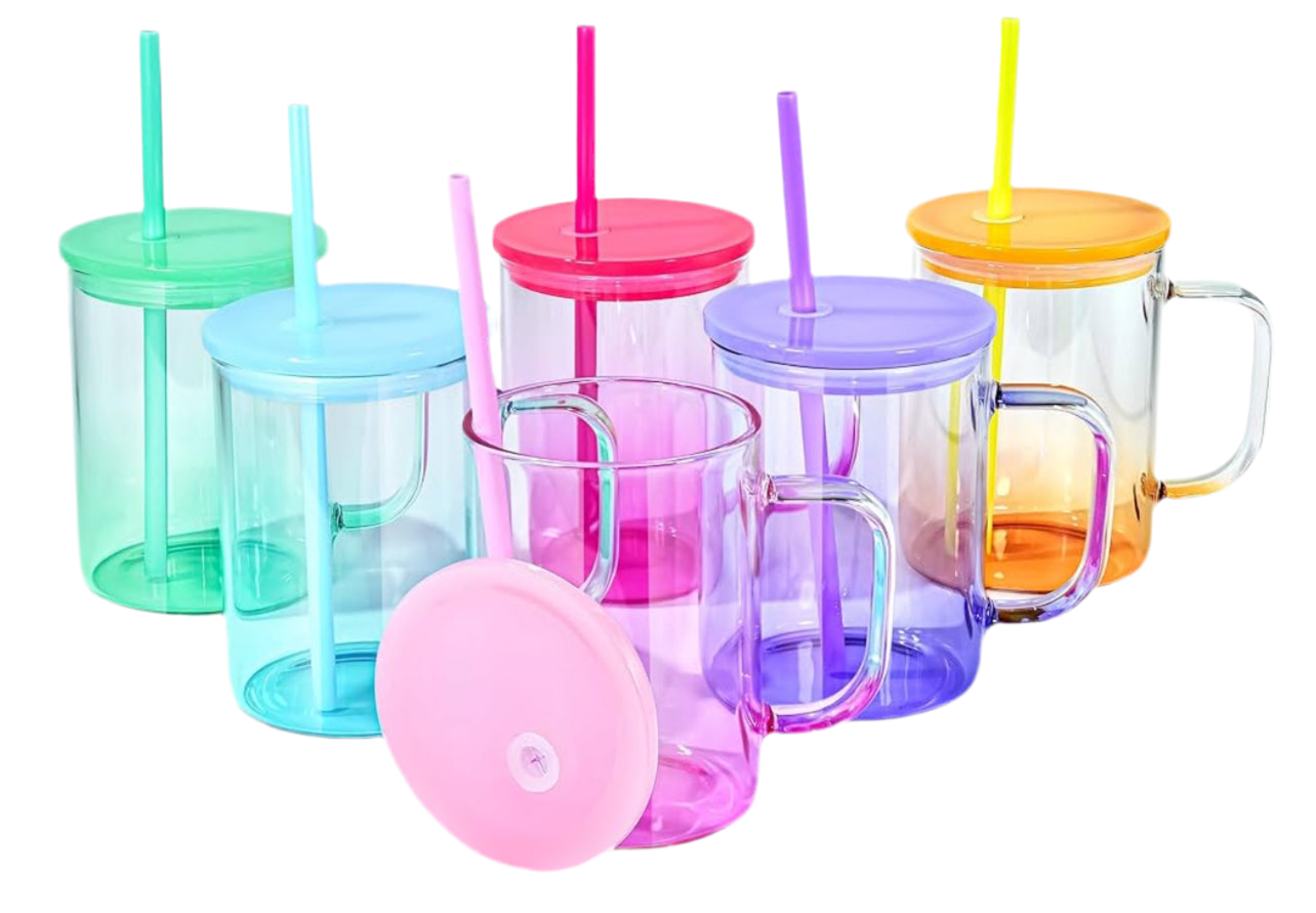 16oz GLASS mug CLEAR, hot pink & purple ONLY