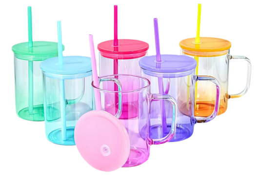 16oz GLASS mug CLEAR, hot pink & purple ONLY